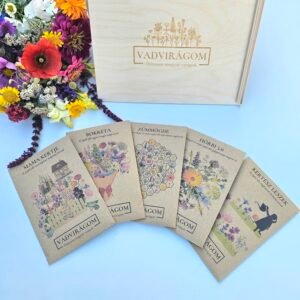 AJÁNDÉK KERTÉSZEKNEK – fa díszdobozban – 5 tasak, 25 gramm virágmag